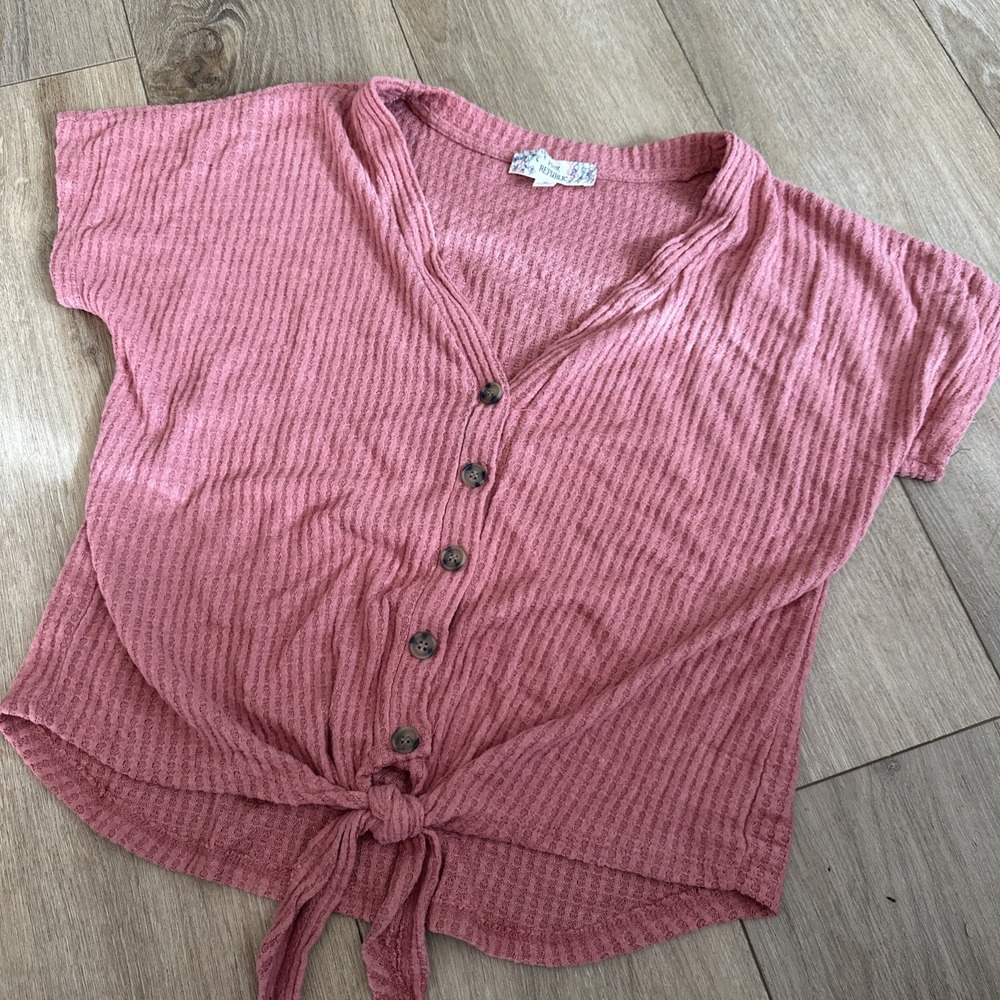Pink Republic Women's Faux Button Up Tie Waist SS Top Size Medium Mauve